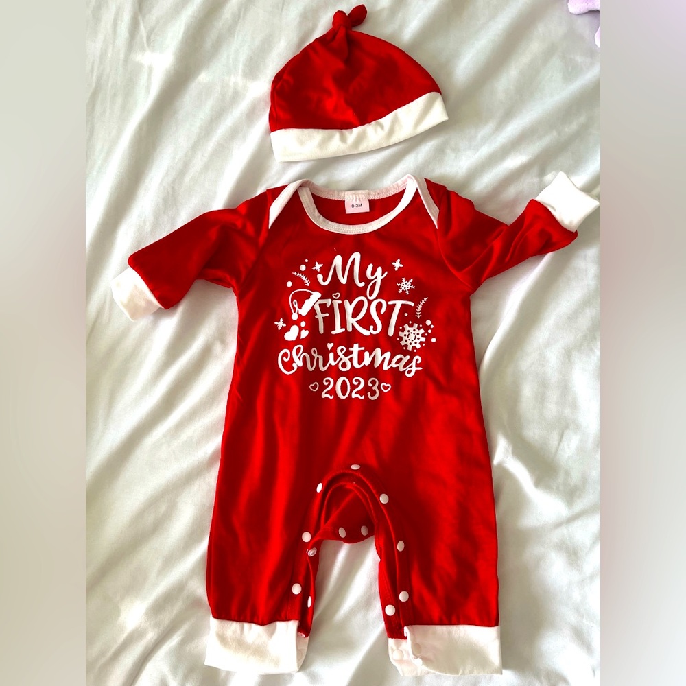 new outfit: My First Christmas baby red suit 0-3 months with hat